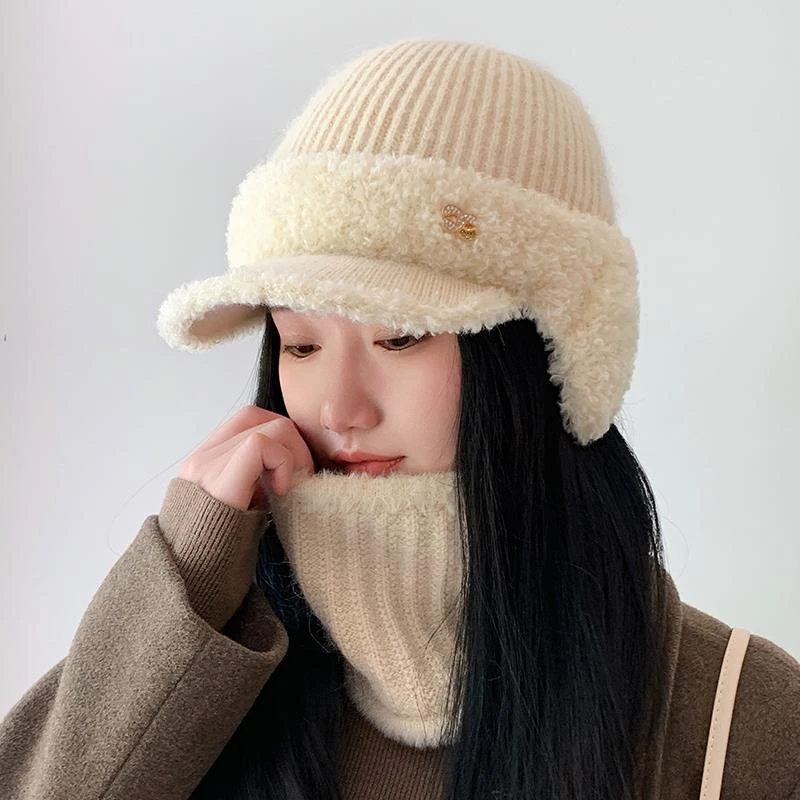 范哲萨2023年新款帽子女冬季骑车加绒加厚保暖护耳兔毛帽针织毛线
