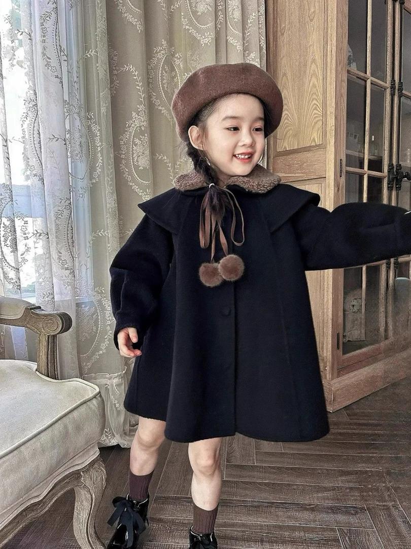 【冬季大促】韩国童装2023冬季新款黑色双面翻领呢大衣男女童加厚
