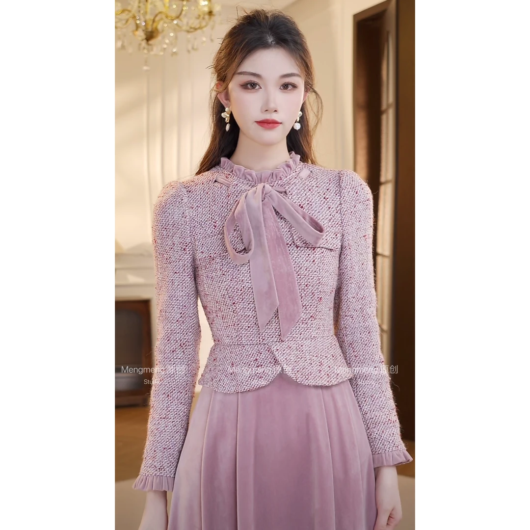 【梦梦&GERTC】蔷薇庄园 定制款混彩花呢小香拼接连衣裙 GC234L1010