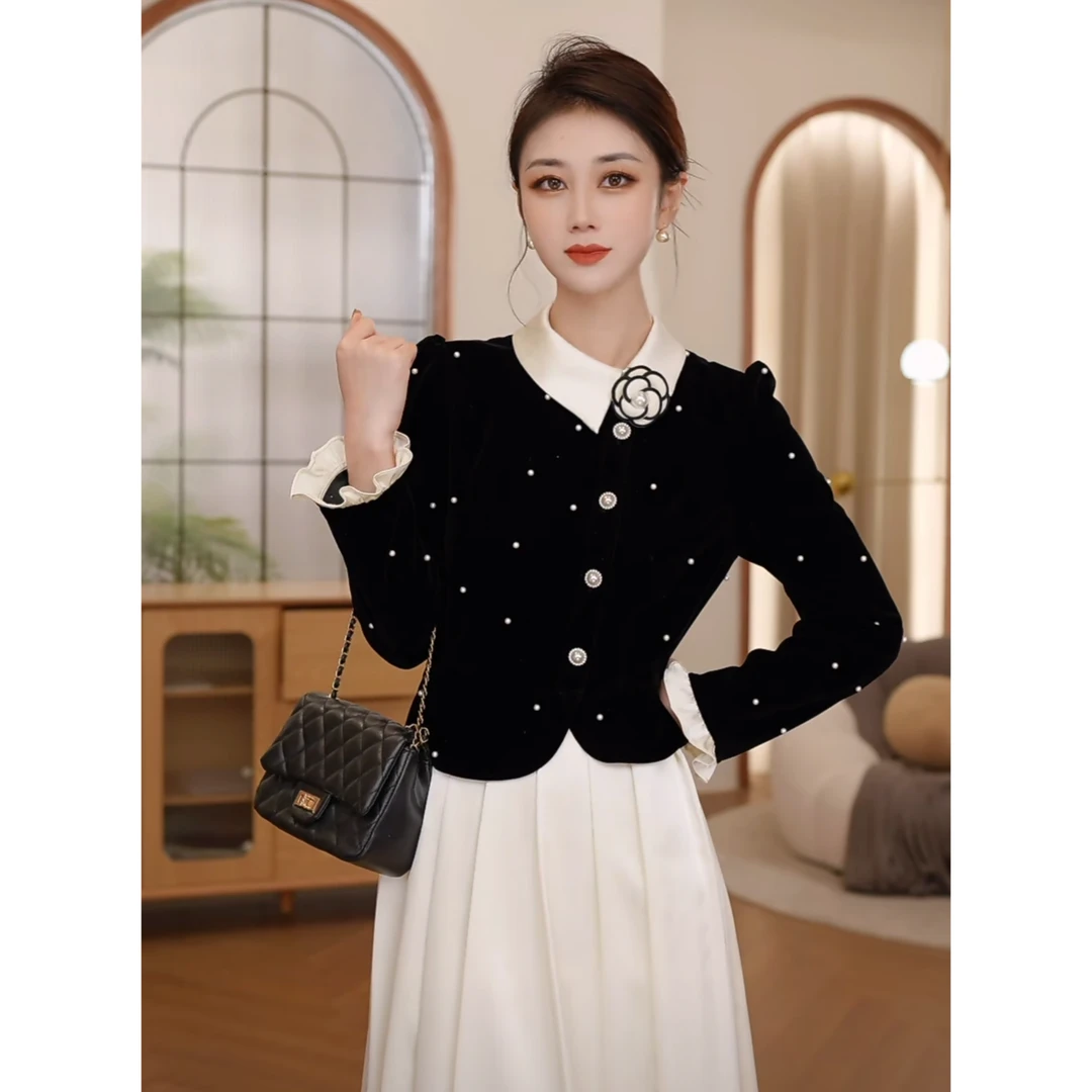 【梦梦&GERTCOREL】简爱日记法式丝绒钉珠盘花气质连衣裙GC243L1069