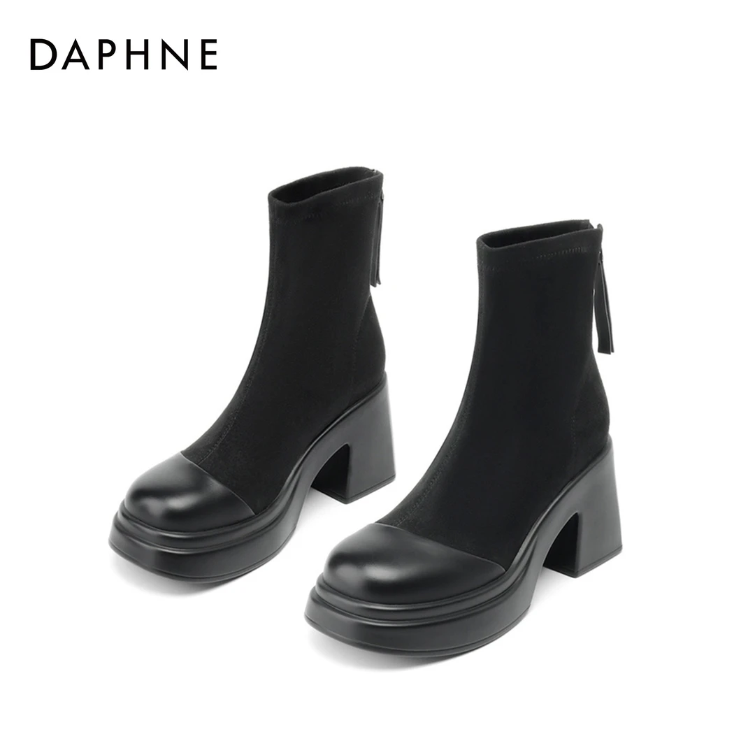 Daphne/达芙妮袜靴女新款秋冬粗跟弹力靴小个子厚底百搭短靴