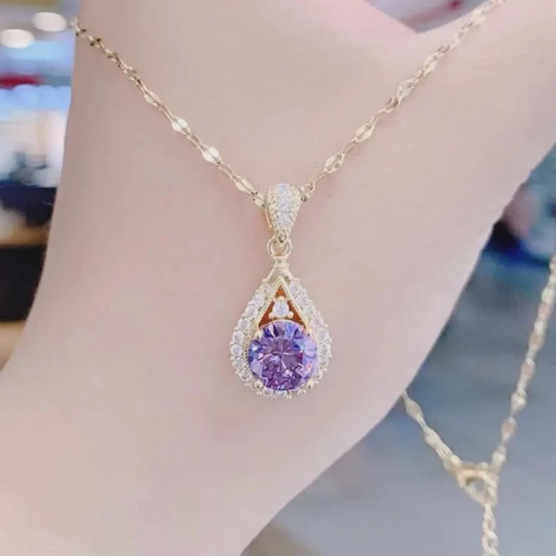 钛钢项链 紫罗兰项链气质轻奢时尚百搭紫色精致满钻奢华坠链素款