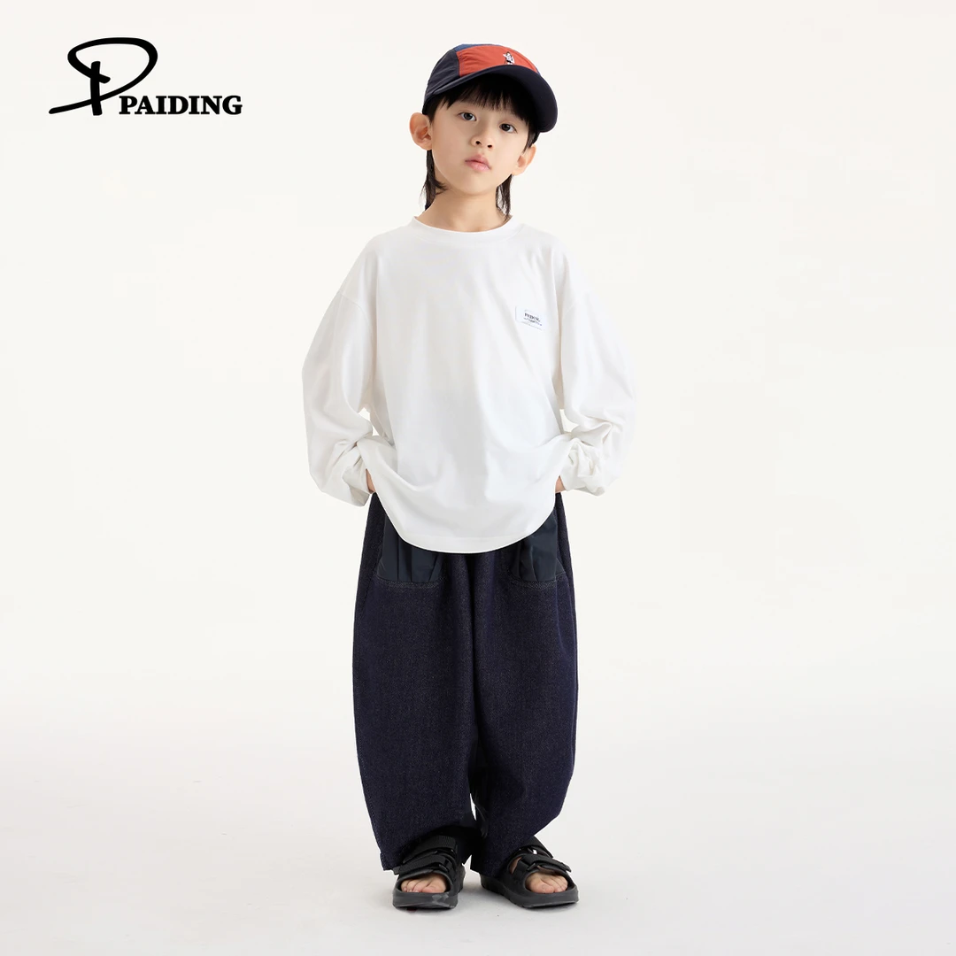 派町春秋装儿童韩版中大童简约款贴标休闲两色套头T恤WP0225-WPP