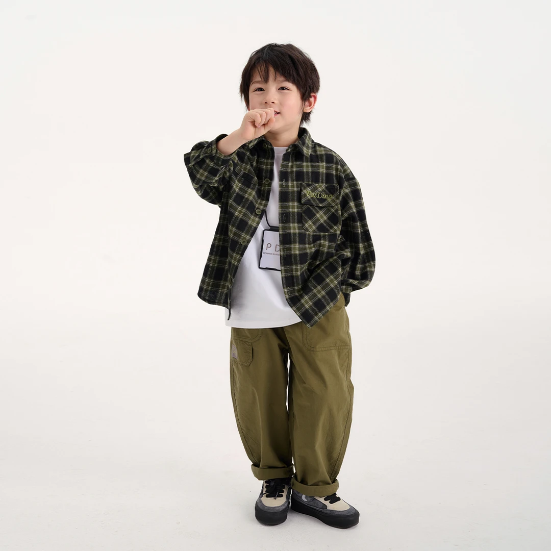 派町春秋装儿童韩版中大童时尚翻领复古格纹长袖衬衫WP1414-WTT