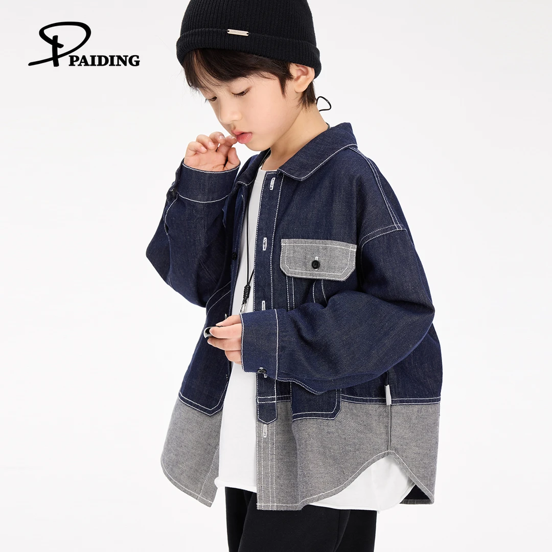 派町春秋装儿童韩版中大童潮酷拼接设计牛仔衬衫外套WPD1033-WPP