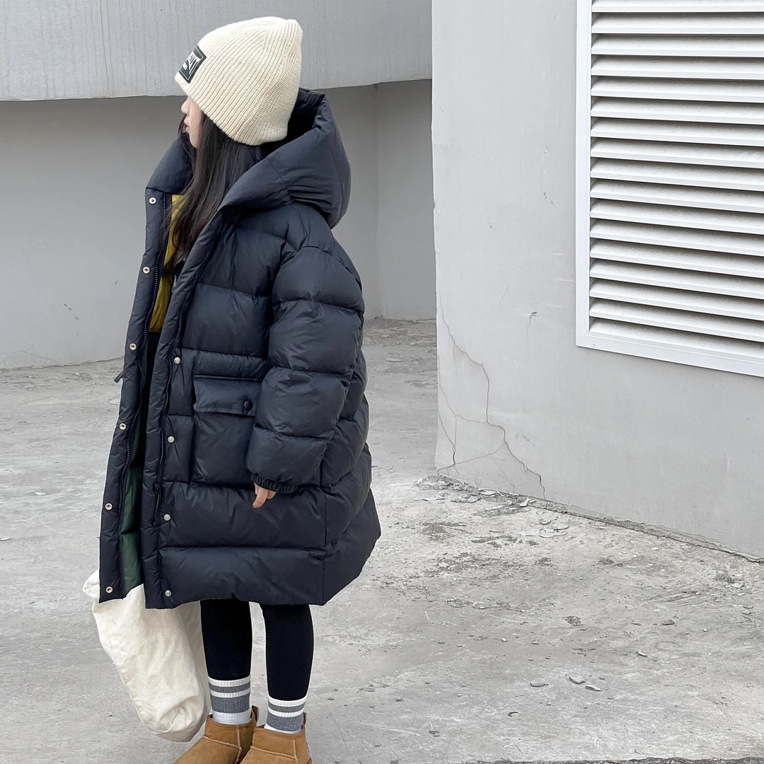 儿童羽绒服2024年潮新款中长款过膝白鸭绒外套男童女童连帽羽绒服