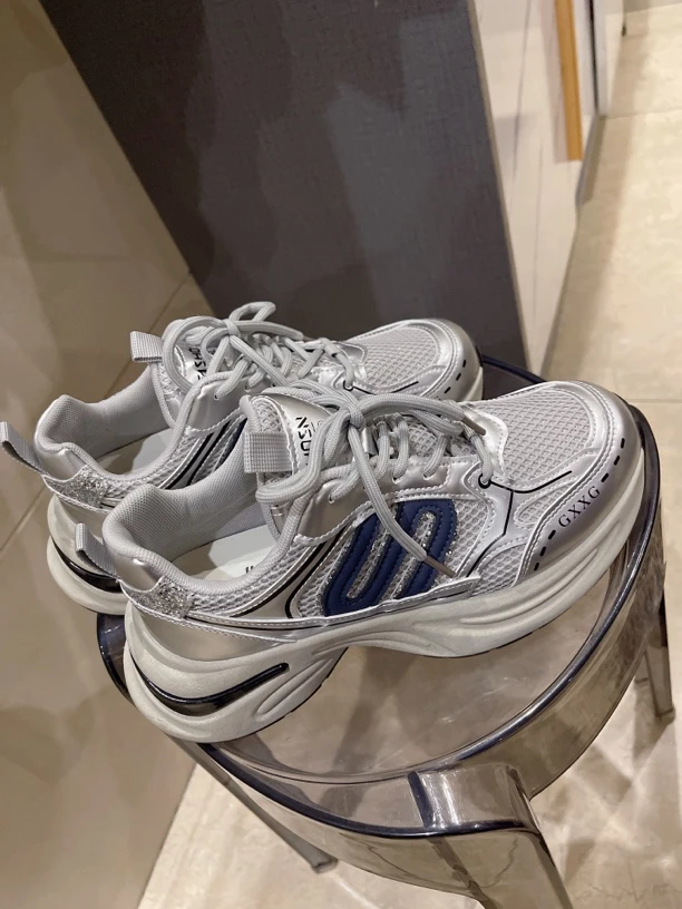 银色拼色网面厚底老爹鞋