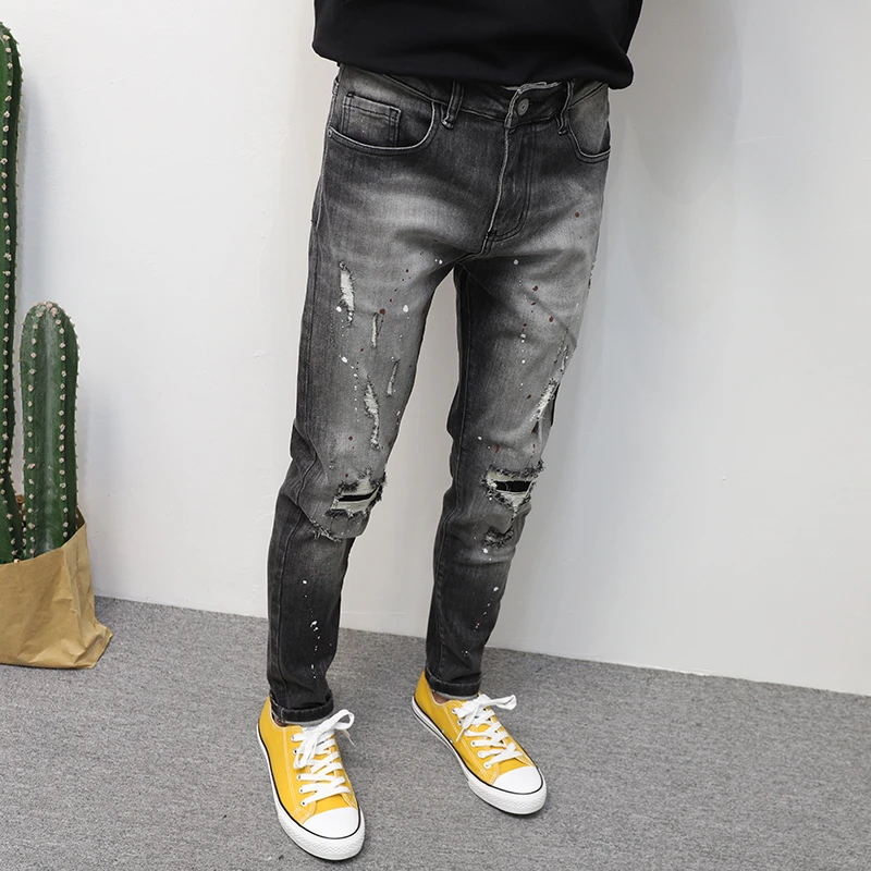 黑灰牛仔裤男修身小脚长裤2024新品弹性破洞泼漆重工裤子水洗个性