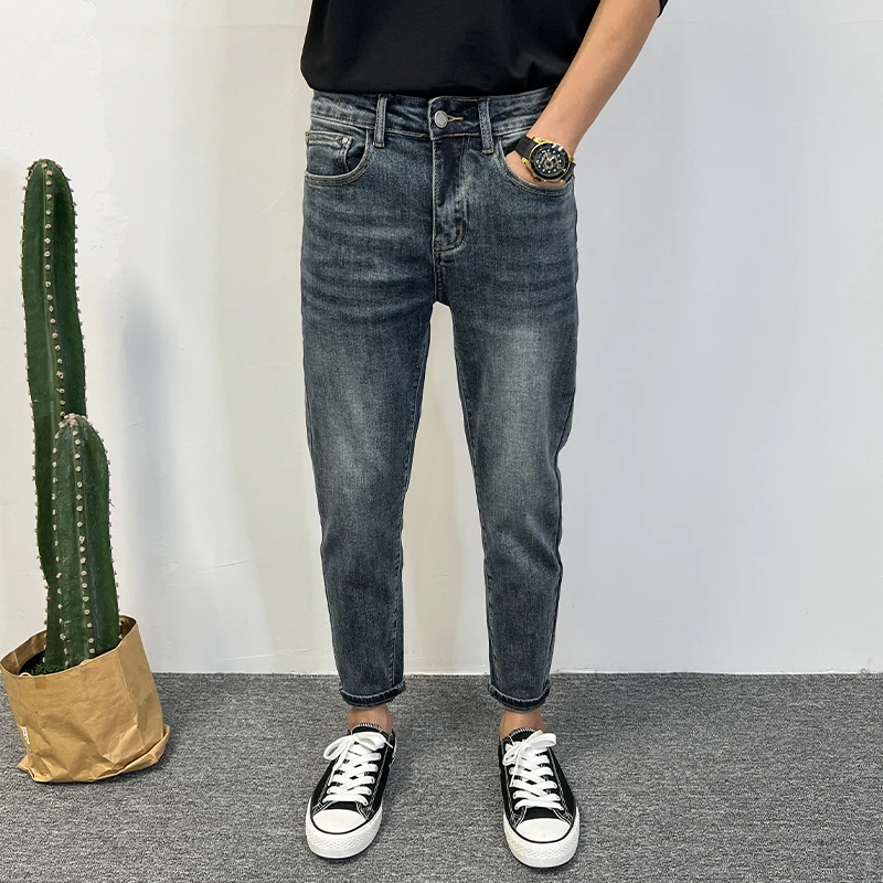 2025春季韩版修身小脚九分牛仔裤男简约弹性水洗深蓝裤子时尚品质