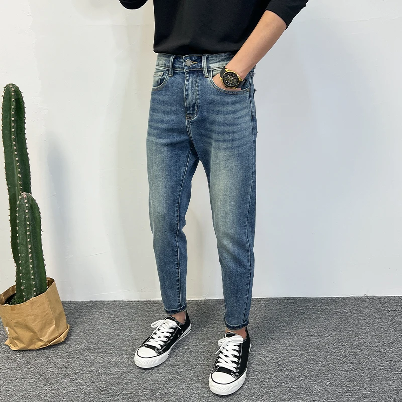 九分牛仔裤男修身小脚2025春季蓝色简约百搭韩版水洗流行微弹裤子