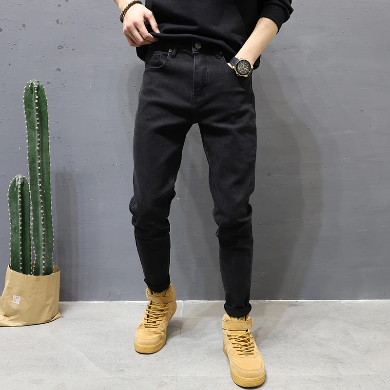 黑色弹性长裤男牛仔修身小脚百搭纯色裤子2025春季款韩版水洗流行