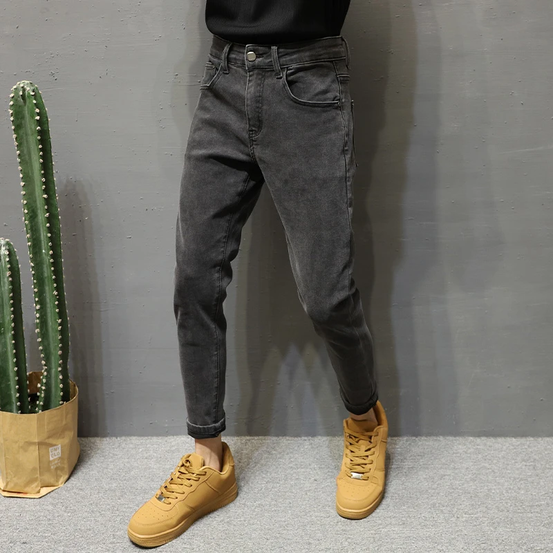 男士秋冬高端黑灰牛仔裤简约休闲裤子新品百搭韩版九分修身小脚裤