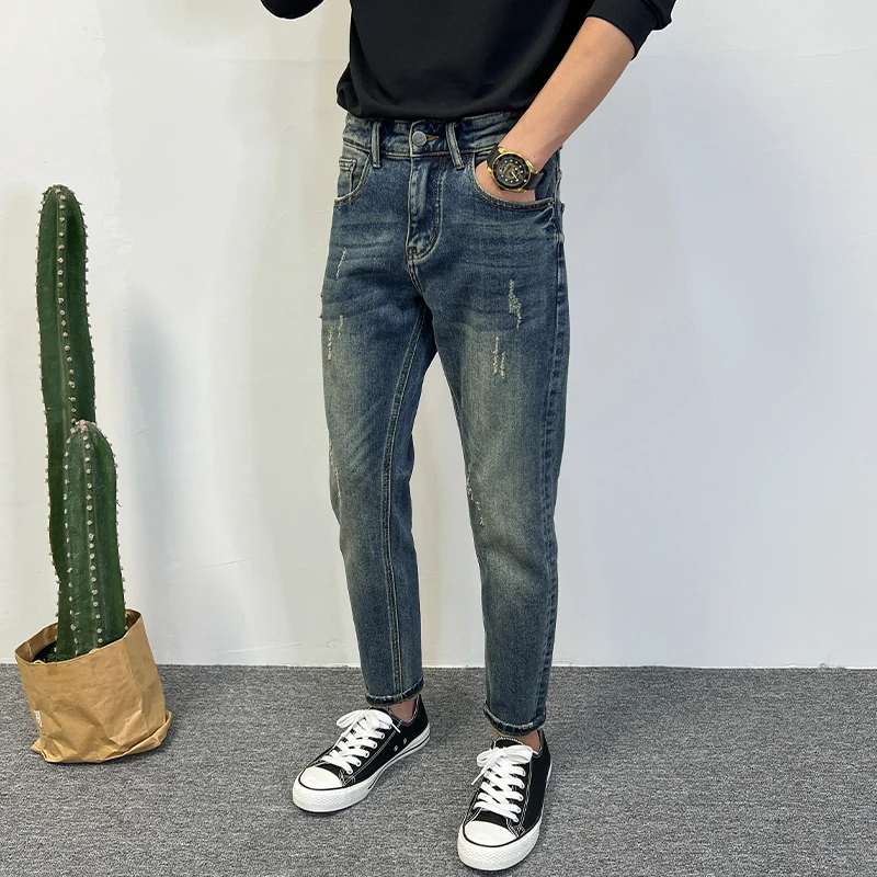 2024新款男士牛仔裤时尚春秋季蓝色休闲百搭弹力刮烂修身小脚长裤