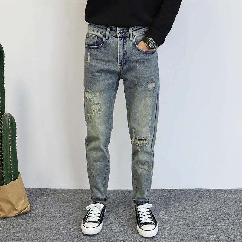 春季男士水洗破洞长裤牛仔裤男潮牌修身小脚裤常规款弹力个性裤子