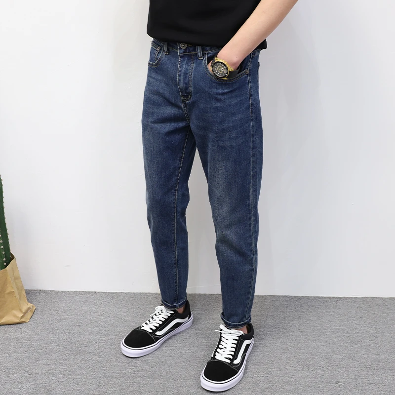 蓝色九分牛仔裤男修身小脚弹性百搭水洗韩版贴身裤子2025春夏薄款