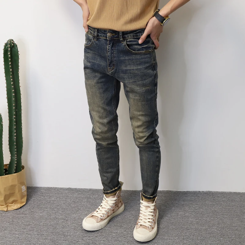 深蓝复古牛仔裤男修身小脚潮牌个性裤子2025春夏韩版品质高端长裤