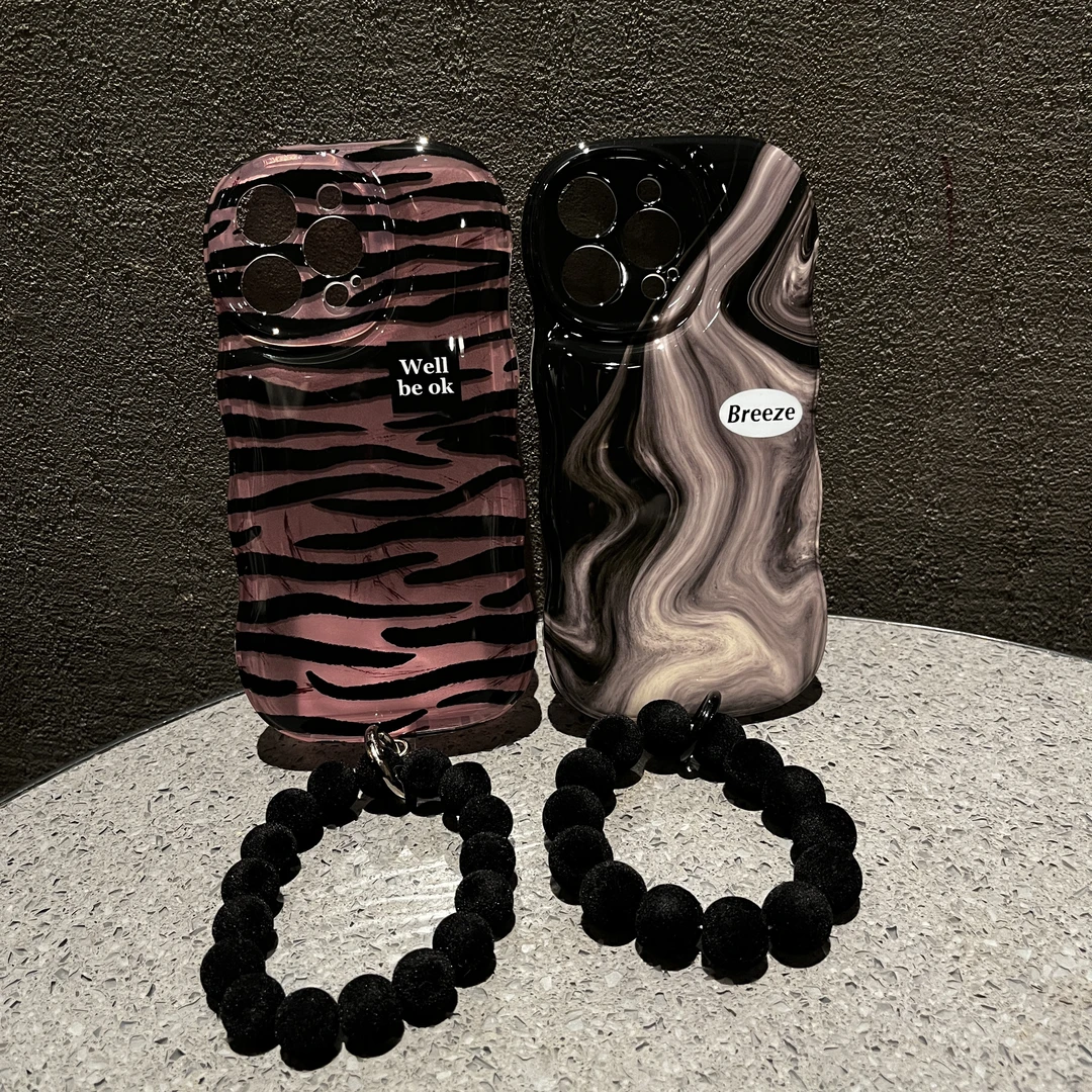 ins 风气垫弧形石墨黑/粉豹纹手拎手机壳适用11/12/13/14