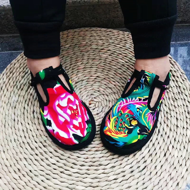 东北大花千层底纯手工花布鞋女农村手纳底鞋子丁字扣花鞋绣花布鞋