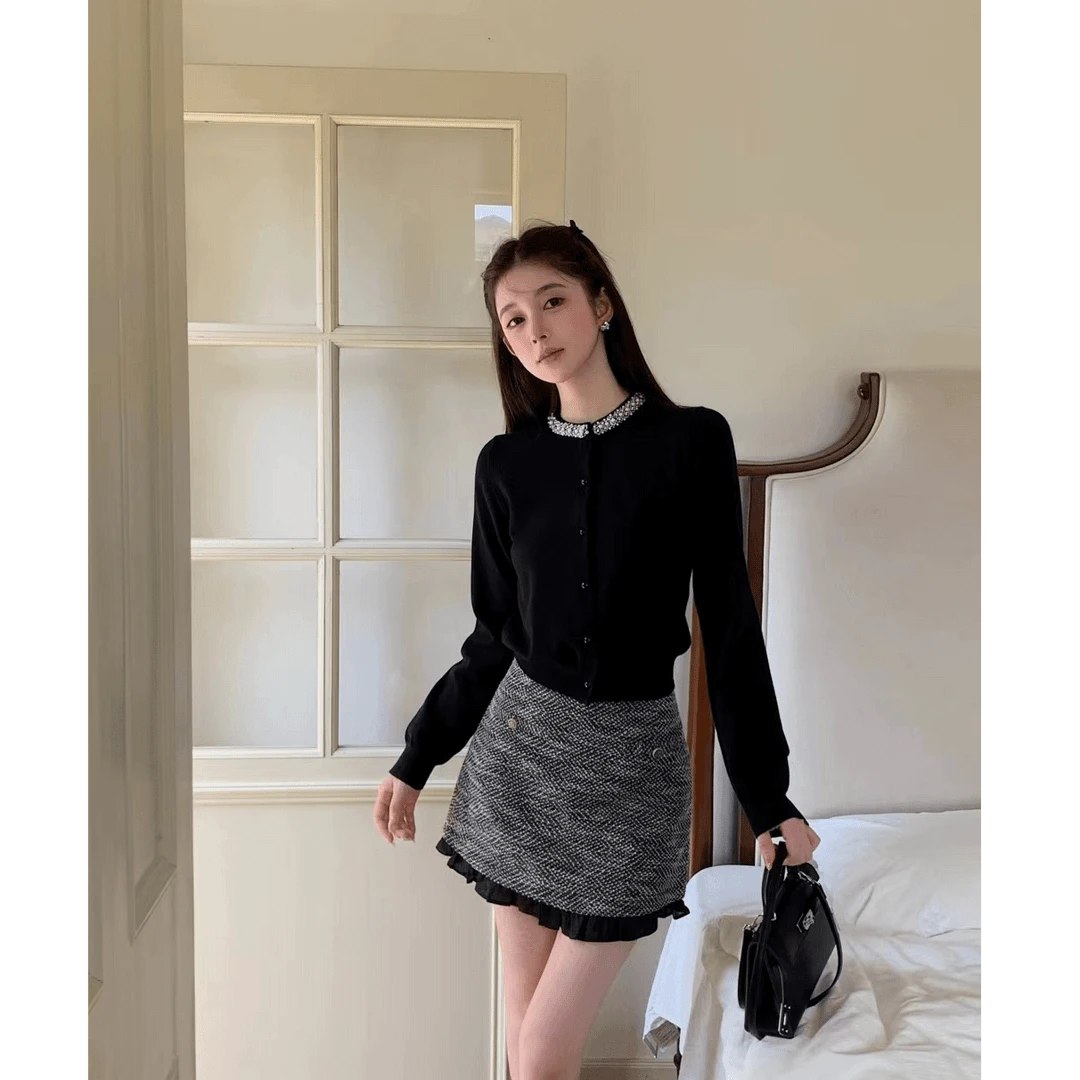 深圳南油2024新款高级感重工镶钻气质小香风设计感针织衫早秋女