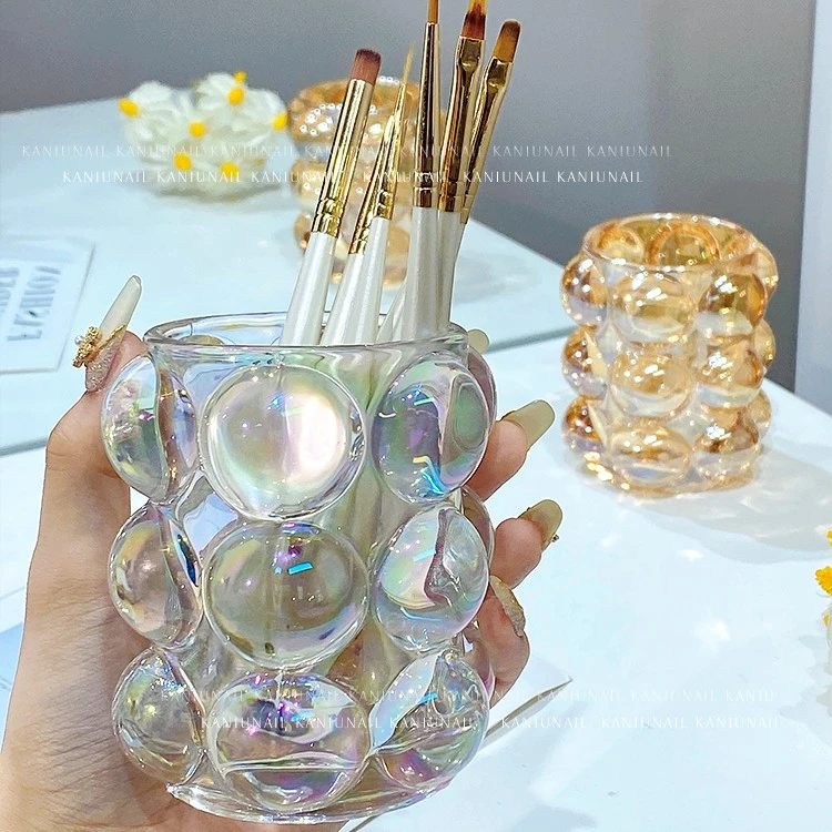 美甲笔筒水晶玻璃收纳盒欧日式桌面桶时尚化妆刷美甲工具圆形摆件
