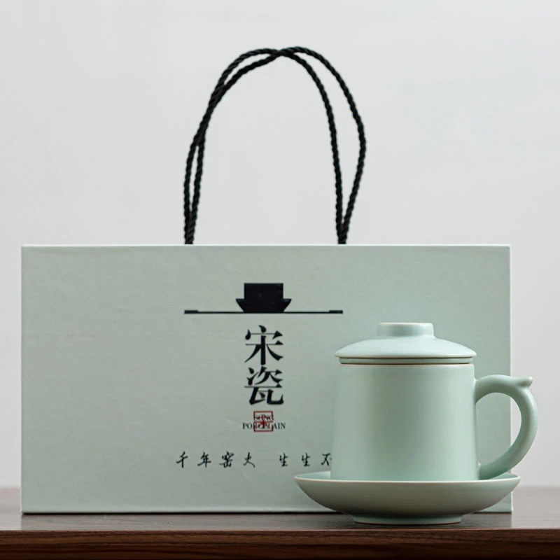 天青色汝窑办公杯开片可养茶水分离过滤泡茶杯子家用带盖陶瓷水杯