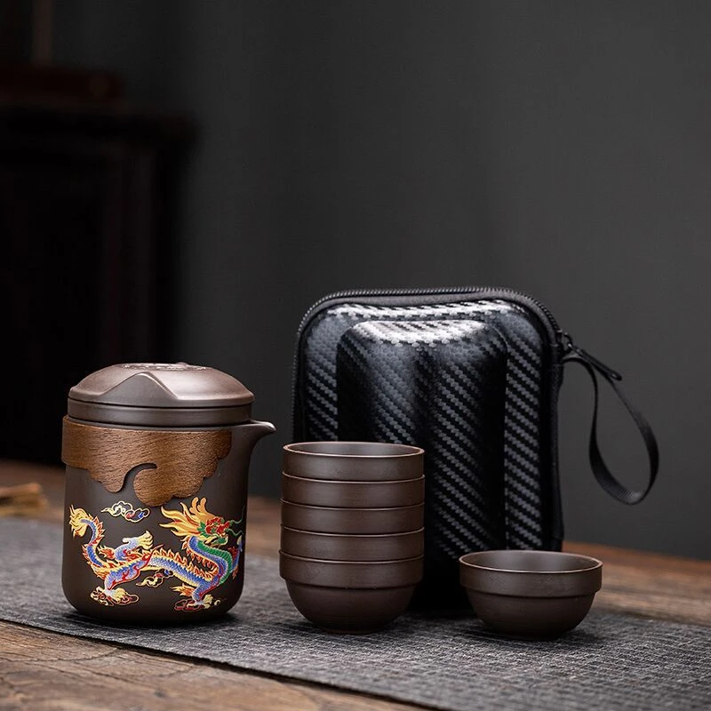 龙凤呈祥变色紫砂壶原矿朱泥带茶滤茶杯大容量泡茶壶旅行茶具套装