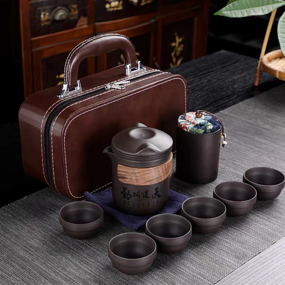 紫砂旅行茶具便携式户外旅游泡茶器一壶六杯茶叶罐防烫快客杯套装