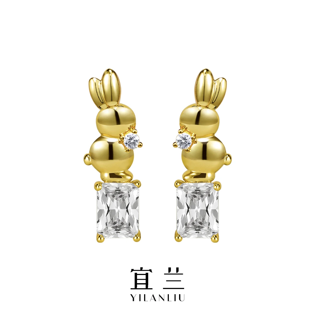 YILANLIU珠宝兔兔耳钉铜合金合成锆石耳饰