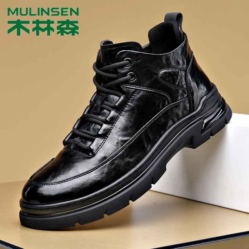 木林森男款中帮马丁靴2023秋冬新款男士厚底防滑靴子百搭休闲男鞋