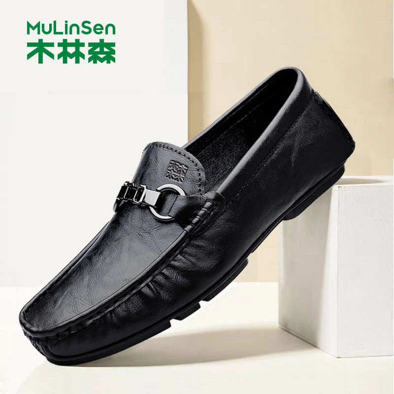 木林森2024夏季新款男士软皮软底一脚蹬豆豆鞋透气百搭休闲男鞋软