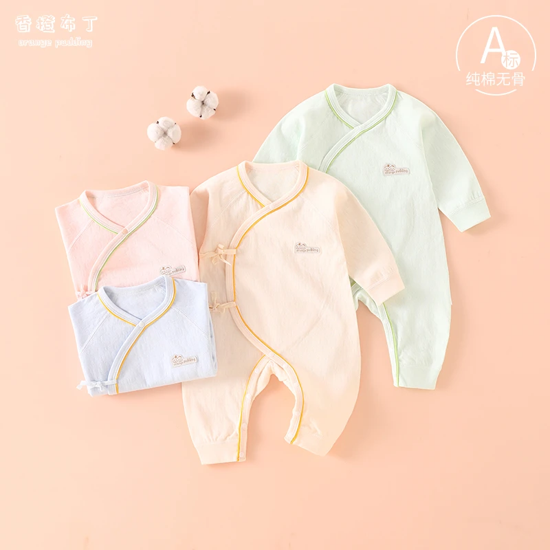 新生婴儿连体衣服春秋纯棉0-3月初生宝宝哈衣爬服系带和尚服无骨