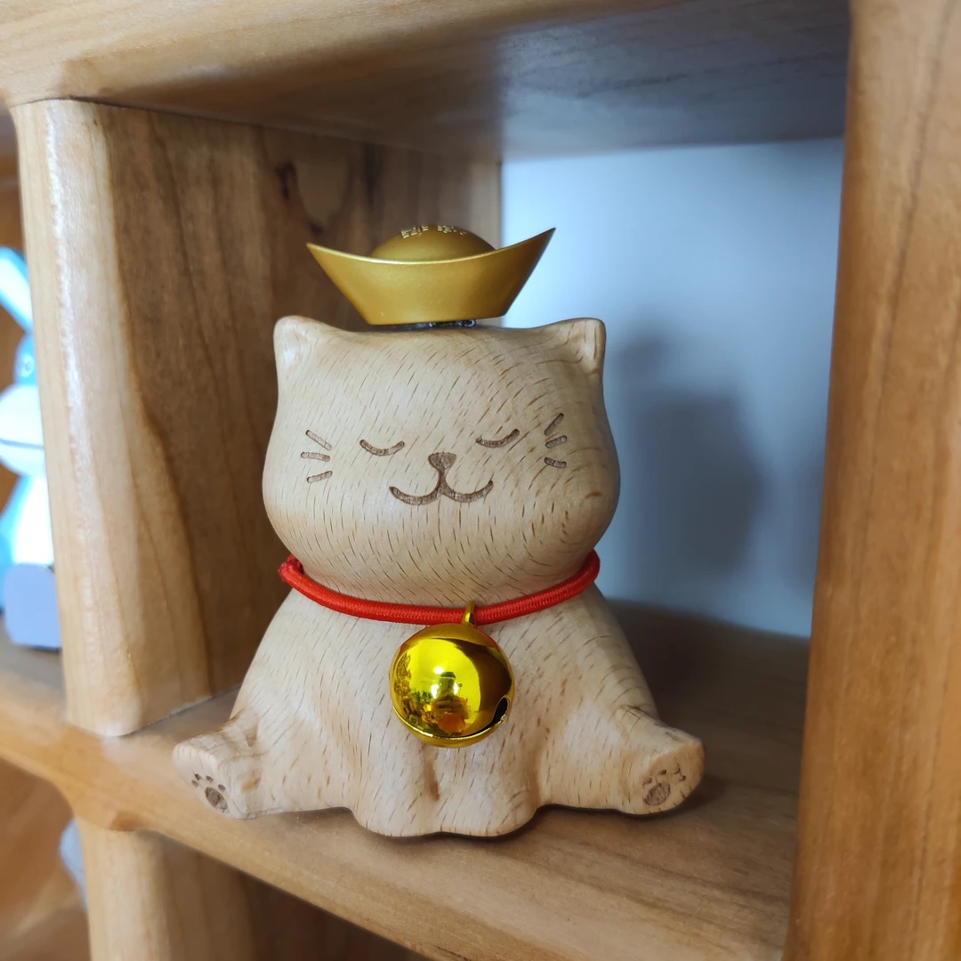 由物喜/榉木招财猫猫桌面摆件实木