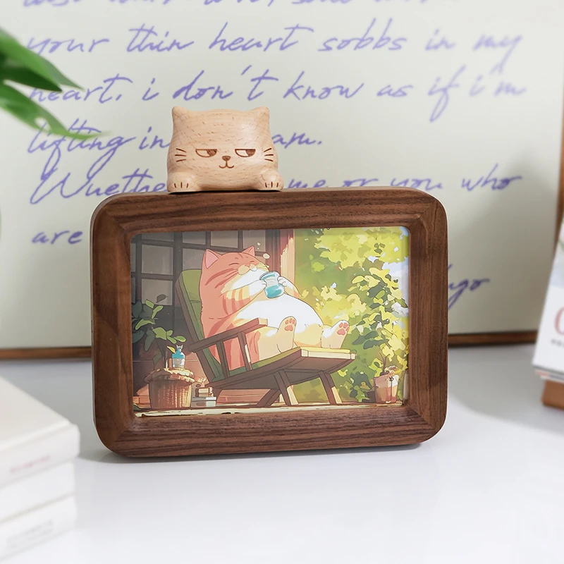 由物喜/桌面可爱猫猫摆件胡桃木实木相框长方形