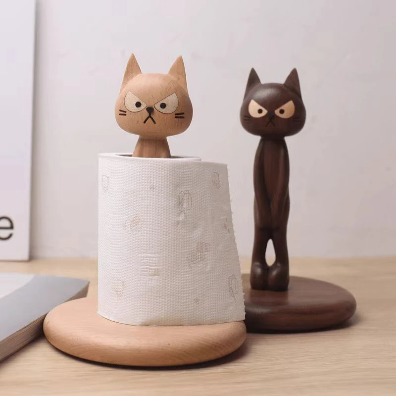 羞羞猫纸巾架 原木桌面摆件 创意设计可爱