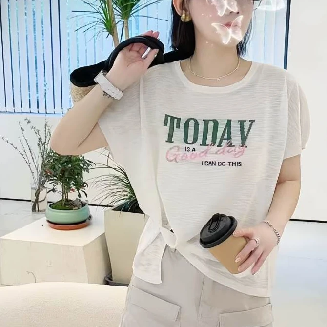 设计感撞色字母提花不规则纽扣短袖T恤女夏款时尚针织上衣薄0060