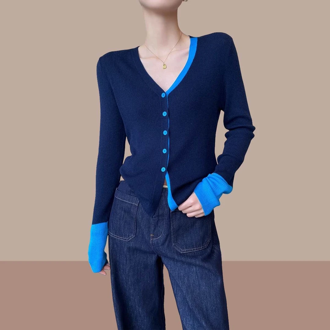 蓝色系V领撞色拼接长袖针织开衫女早秋气质显瘦百搭毛衣外套0191