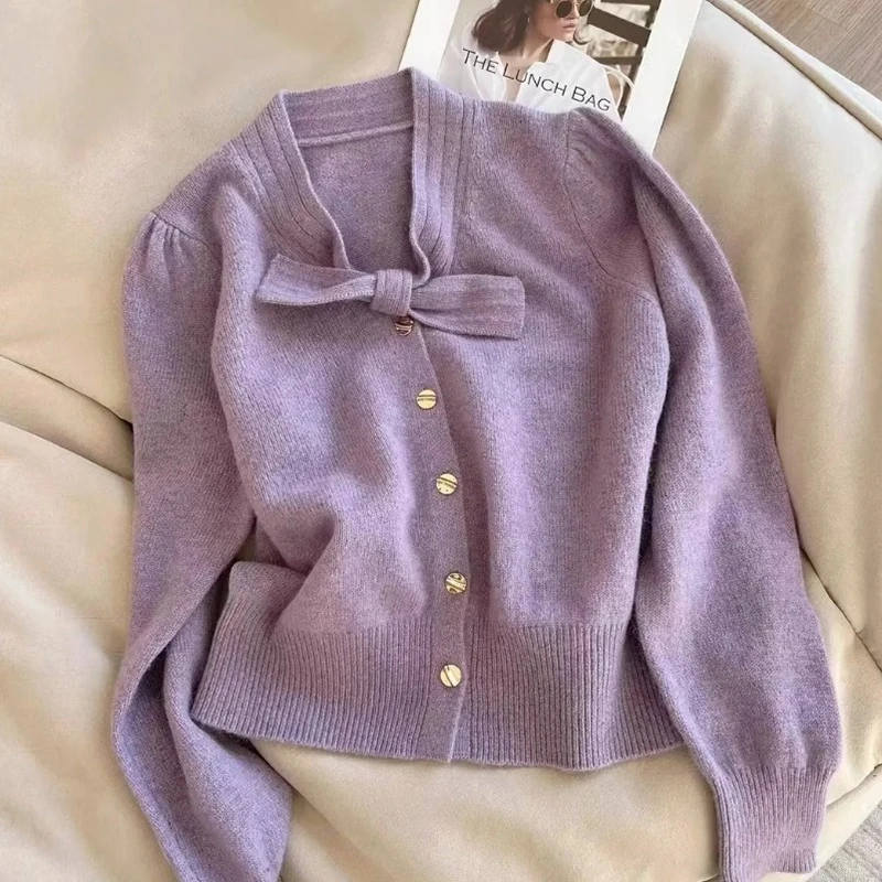 法式轻熟风蝴蝶结单排扣长袖针织衫秋冬紫色宽松显瘦百搭上衣0298