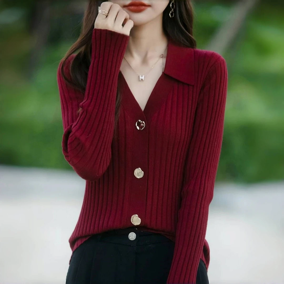 翻领单排扣红色减龄长袖针织开衫女秋冬新款时尚显瘦高级感上衣