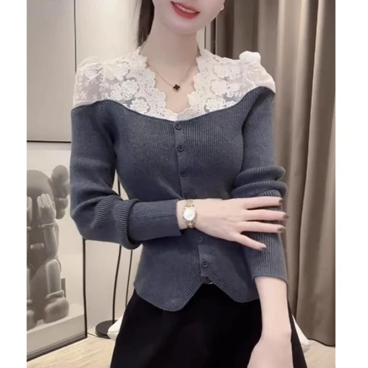 法式设计感蕾丝拼接长袖针织衫女秋冬修身显瘦内搭打底衫上衣0338