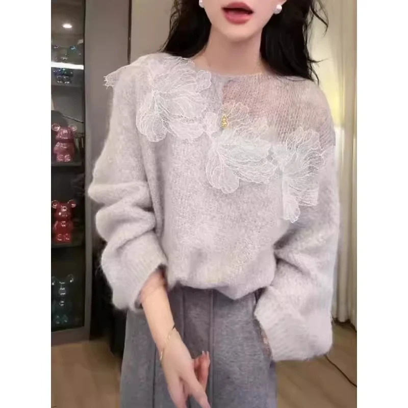 慵懒风减龄镂空蕾丝花朵长袖针织衫秋冬气质宽松百搭显瘦上衣0362