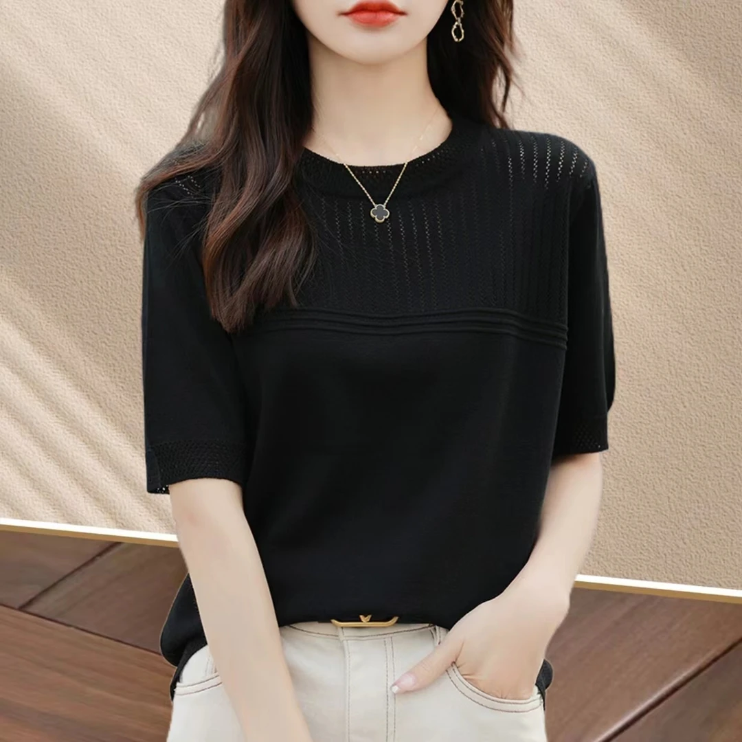 冰丝短袖纯色针织衫t恤薄款夏季圆领镂空时尚百搭短款上衣女0028