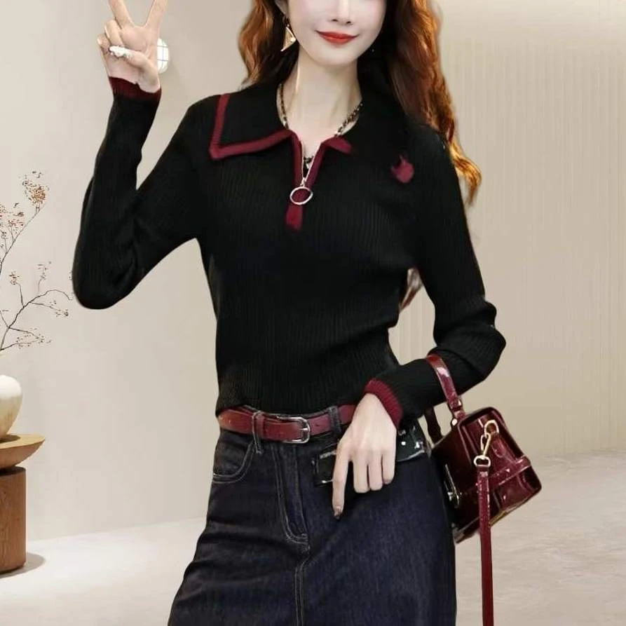翻领半拉链复古撞色长袖针织衫女秋冬新款高级感时尚显瘦上衣1026