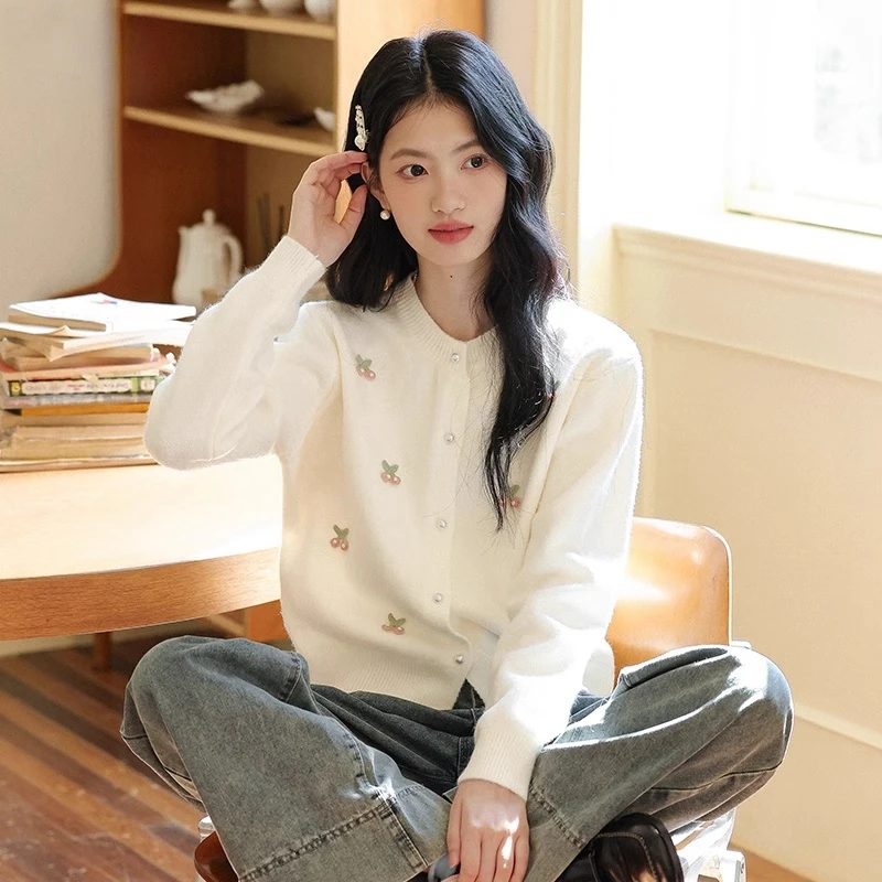 设计感立体樱桃长袖针织衫女秋冬韩系温柔风气质软糯百搭毛衣0280