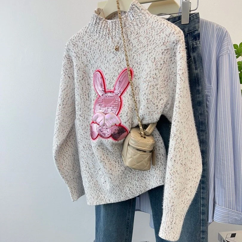 慵懒风米色卡通兔子长袖毛衣女秋冬设计感宽松显瘦圆领针织衫上衣