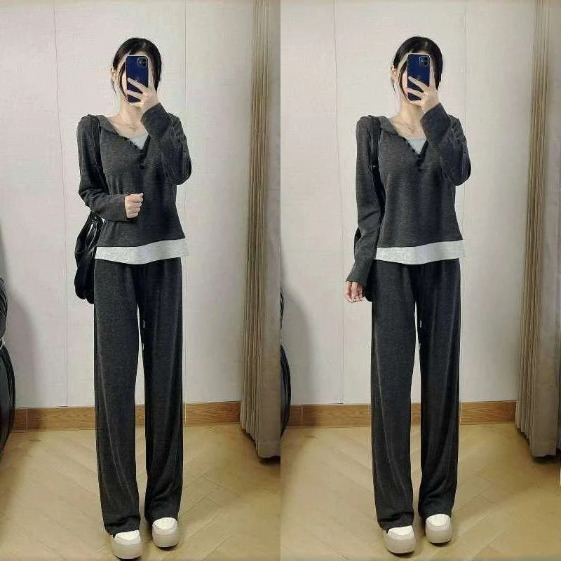 休闲显瘦假两件连帽上衣阔腿裤运动套装女2025早秋新款时尚两件套