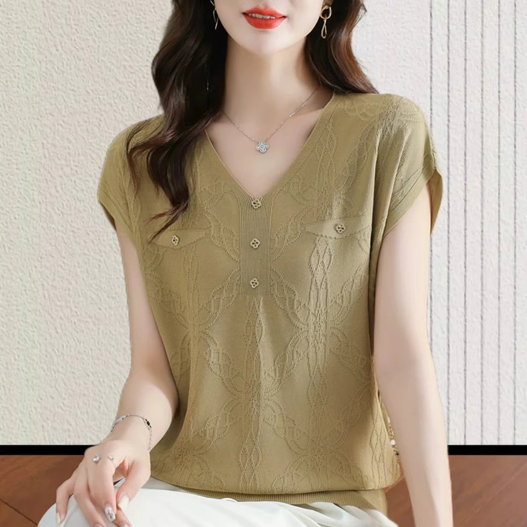 冰丝薄款时尚飞飞袖V领短袖夏季百搭显瘦气质圆领设计感上衣0046