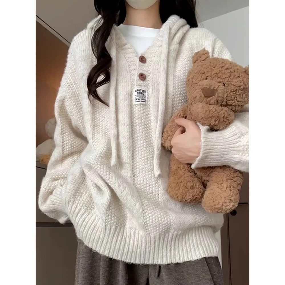 软糯连帽套头长袖针织衫毛衣女秋冬新款外穿宽松慵懒加厚卫衣0221