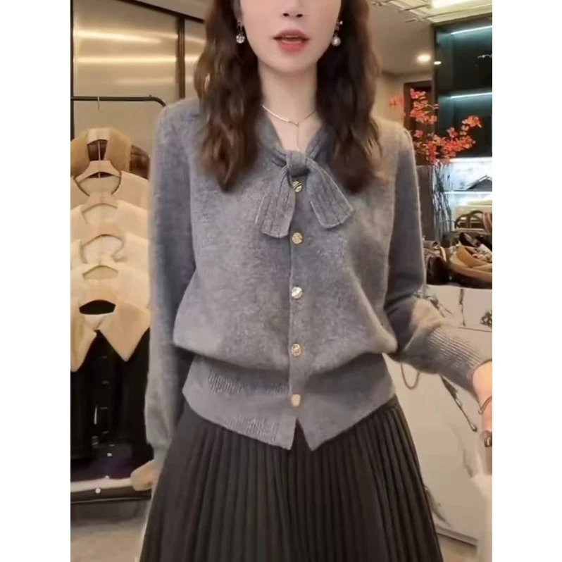 温柔风轻奢设计感蝴蝶结长袖针织衫女秋冬高级感时尚百搭上衣0298