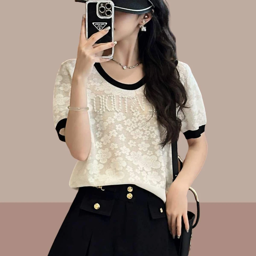 时尚字母钉珠设计花纹撞色薄款冰丝短袖t恤夏季百搭针织上衣0022