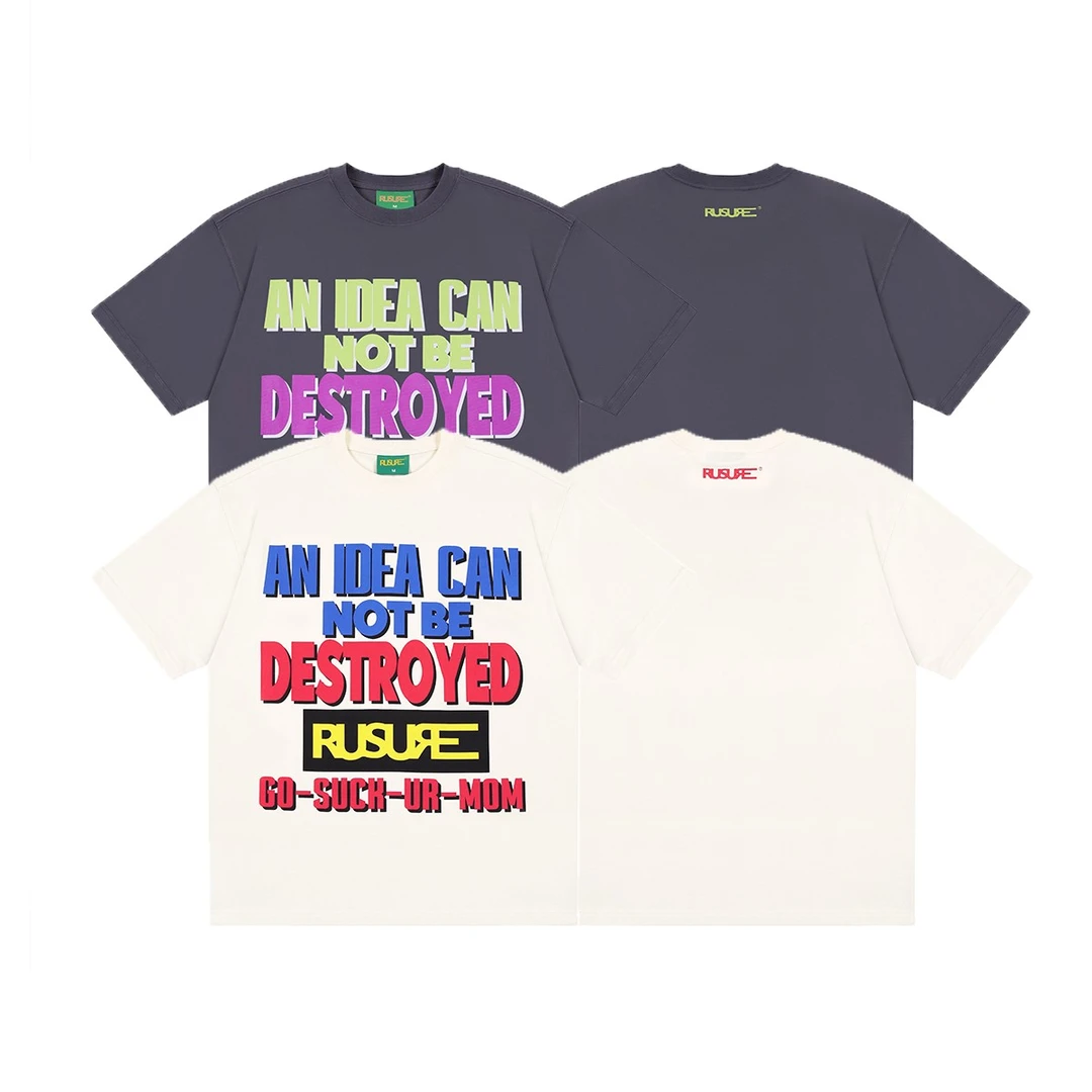 RUSURE ice美式标语圆领短袖t恤男女同款夏季休闲宽松打底衫情侣